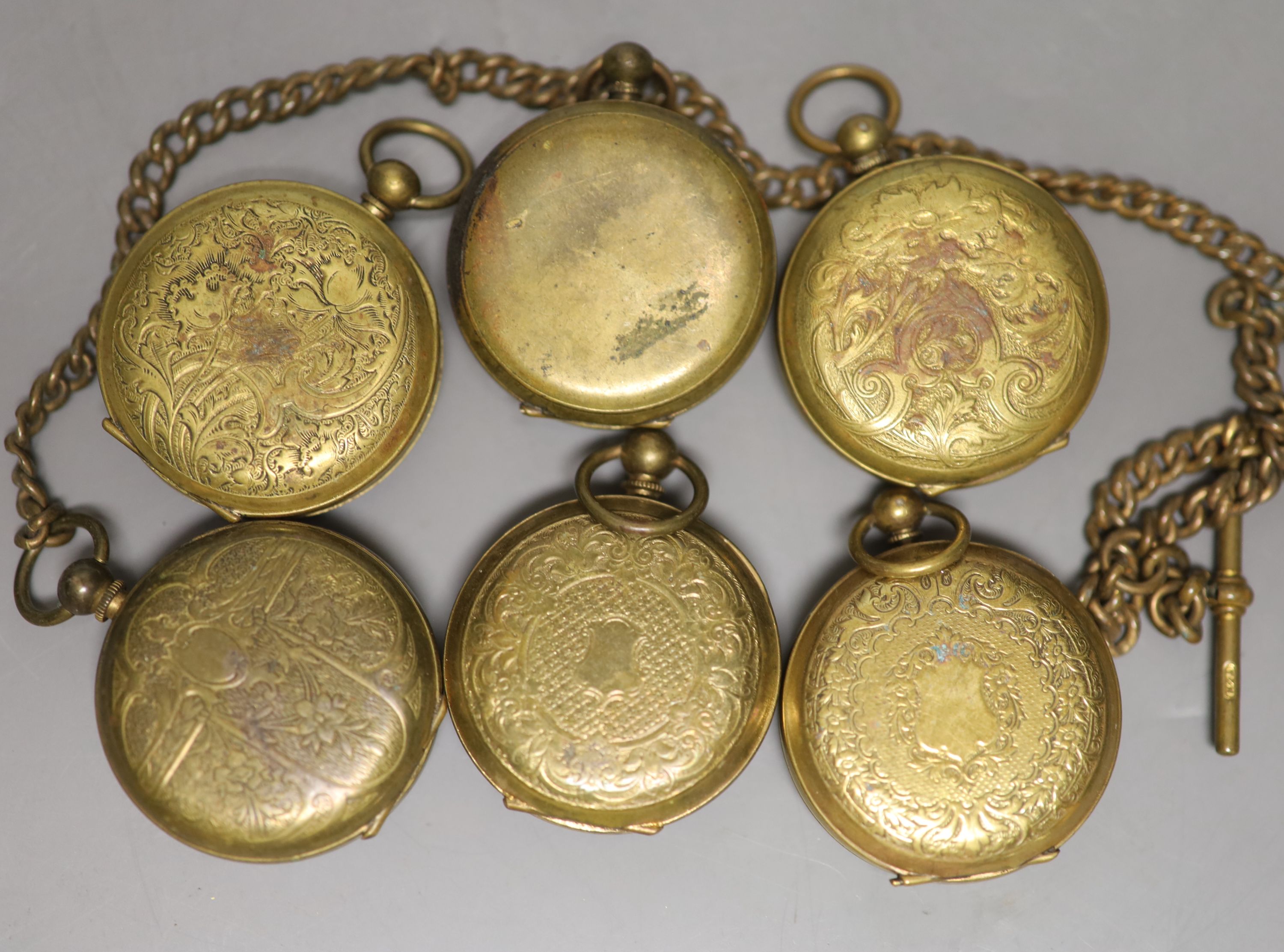 Six assorted gold plated fob watches.